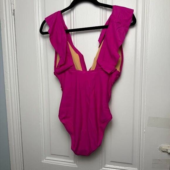 J Crew Swimsuit Womens 8 Pink Ruched Ruffle One Piece Sleeveless V Neck NWT - Picture 2 of 8